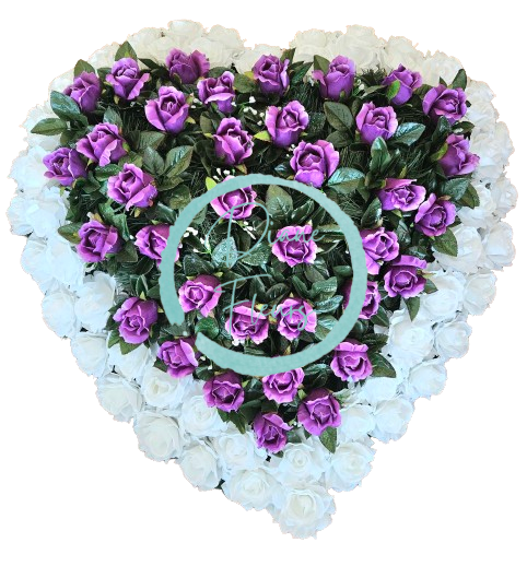 Smútočný veniec "Srdce" z umelých ruží 80cm x 80cm fialová, biela