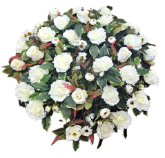 Coroană funerara de pin Exclusiv trandafiri, ranunculus si accesorii 75cm