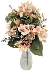 Buchet artificial exclusiv Dalii, Hortensii și accesorii 52cm x 30cm roz