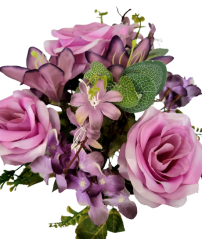 Růže & Hortenzie & Lilie kytice fialová 47cm umělá