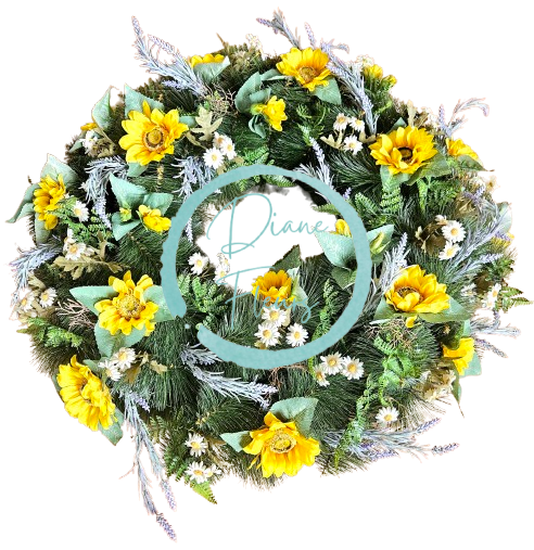 Luxusný smútočný veniec borovicový exclusive slnečnice, levanduľa, margarétky a doplnky Ø 90cm