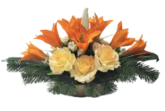 Kompozycja pogrzebowa sztucznych róż, lilii i akcesoriów 45cm x 20cm x 18cm