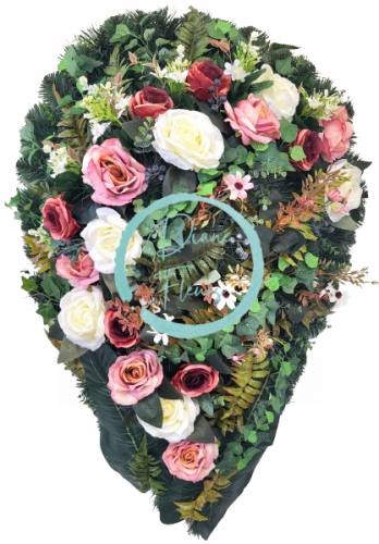 Smuteční věnec "Slza" růže, kopretiny, kapradina a doplňky 100cm x 60cm