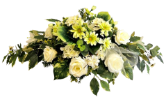 Velik žalni aranžma umetne marjetice, vrtnice, hortenzije in dodatki 100cm x 50cm x 30cm