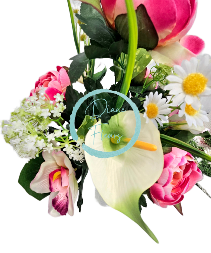 Buchet artificial Bujor, Alstromeria, Calla și accesorii 42cm roz