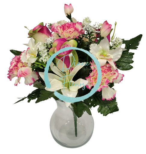Buchet de trandafiri, garoafe, crini si orhidee x13 33cm burgundia, verde, crem flori artificiale