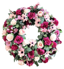 Temetési fenyőkoszorú Exkluzív bazsarózsa, rózsák, krizantém, dáliák, clematis és kiegészítők 80cm