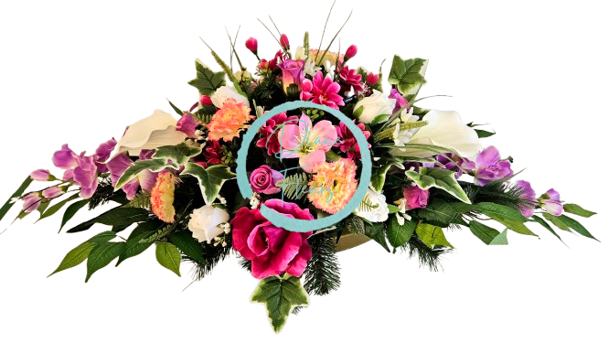 Luxuriöse Trauergesteck aus künstliche Rosen, Gänseblümchen, Nelken, Alstromerien, Calla Lilien, Gladiolen und Accessoires 105cm x 50cm x 40cm