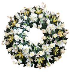 Nagy temetési koszorú műrózsákkal, liliomok, hortenziák és kiegészítőkkel Ø 85cm