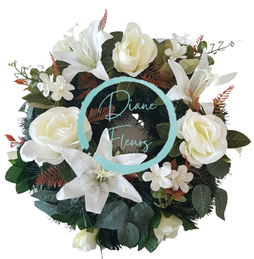 Wieniec żałobny krąg ze sztucznymi różami, liliami i dodatkami 50cm kremowy, brązowy, zielony