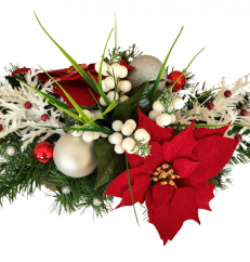 Trauergesteck aus künstliche Poinsettia Weihnachtsstern, Beeren, Weihnachtskugel und Zubehör 50cm x 28cm x 28cm
