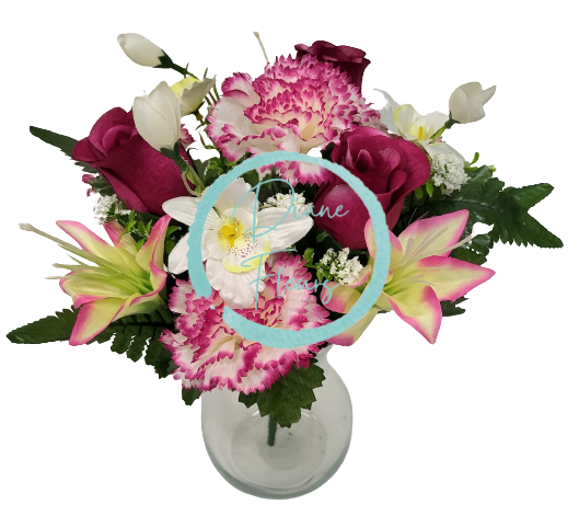 Buchet de trandafiri, garoafe, crini si orhidee x13 33cm burgundia, verde, crem flori artificiale
