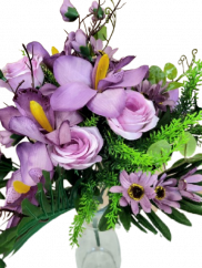 Buchet artificial de lux de trandafiri, orhidee, margarete 50cm violet