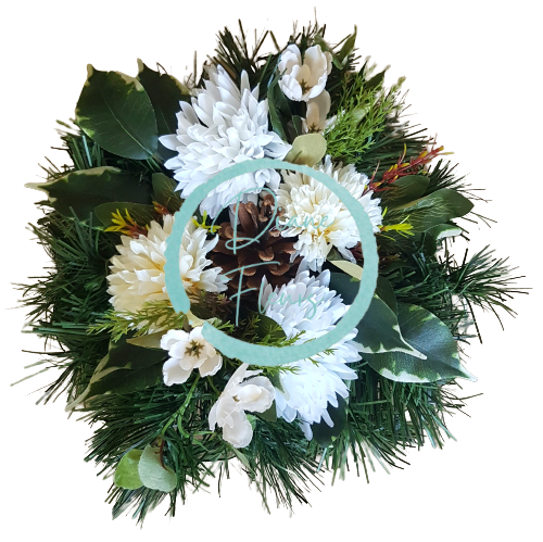 Aranžmán betonka umelé chryzantémy & doplnky Ø 28m x 16cm