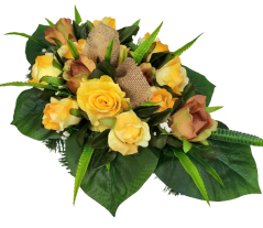 Kompozycja pogrzebowa ekskluzywne sztuczne róże i dodatki 55cm x 28cm x 16cm