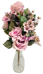 Buchet artificial exclusiv Trandafiri, Hortensii și accesorii 52cm x 30cm roz