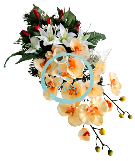 Aranjament pentru cimitir de orhidee artificiale, crini si accesorii 60cm x 28cm x 20cm