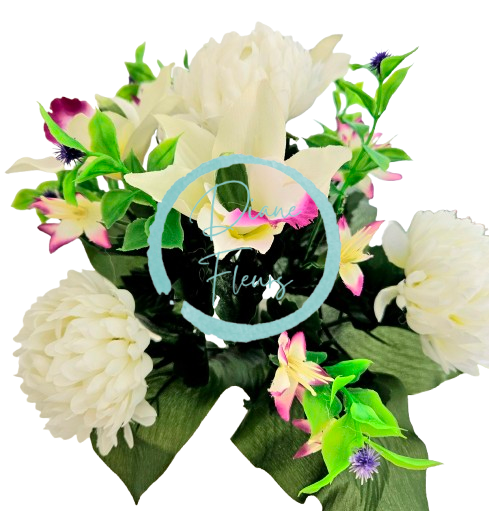 Chryzantémy & Orchidey kytica biela & fialová 33cm umelá