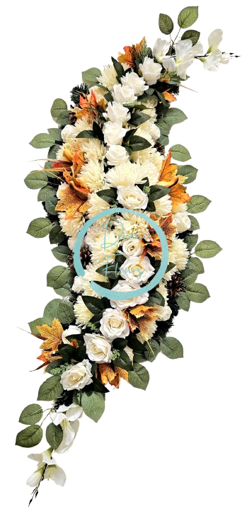 Smútočný veniec esíčko umelé ruže, chryzantémy a doplnky 115cm x 45cm