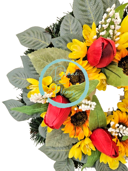 Věnec umělé slunečnice, tulipány, krokus a doplňky 40cm AS993