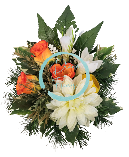 Smútočný aranžmán betonka umelé ruže, ľalie, dahlia a doplnky Ø 28cm x 15cm