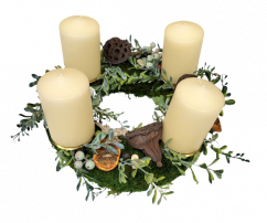 Christmas advent mossy wreath with candles, dried fruits and accessories 25cm