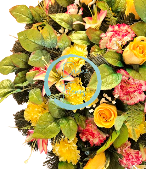 Artificial wreath decorated with Carnations, Roses, Lilies and accessories 60cm