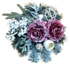 Weihnachten Arrangement mit künstliche Rosen & Beeren & Zubehör Ø 25cm x 15cm grün & weinrote