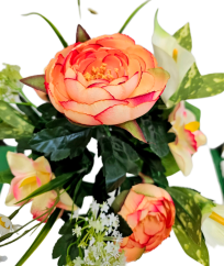 Umělá kytice Pivoňka, Alstromeria, Kala a doplňky 42cm broskvová