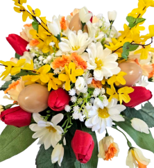 Aranžmán v plechovom kvetináči umelé tulipány, margaréty, zlatý dážď, veľkonočné vajíčka a doplnky Ø 43cm