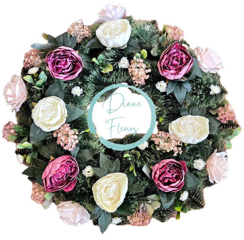 Smuteční věnec borovicový exclusive pivoňky, růže, hortenzie, drobné kvítky a doplňky 65cm AS1033