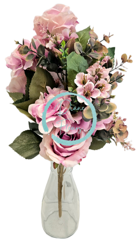 Exclusive umelá kytica ležatá Ruže, Hortenzie a doplnky 52cm x 30cm ružová