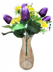 Tulipány a narcisy kytice umělá x12 33cm fialová, žlutá