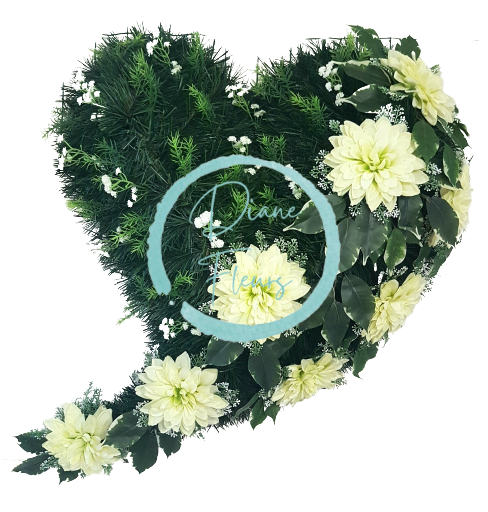 Wianek żałobny „Serce” wygięty ze sztucznych dalii i dodatkami 65cm x 70cm zielony