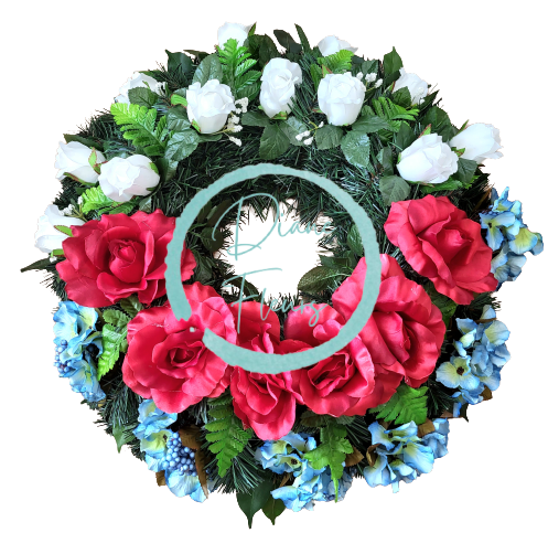 Smútočný veniec s umelými ružami a hortenziami Ø 65cm biela, zelená, modrá