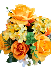 Buchet de trandafiri & hortensii x12 44cm flori artificiale portocaliu, galben