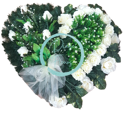 Wianek żałobny „Serce” ze sztucznych róż i dodatków 80cm x 80cm zielony, kremowy
