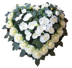 Temetési koszorú "szív" rózsák és orchideák 60cm x 60cm krém, fehér