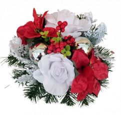 Trauergesteck aus künstliche Rosen, Weihnachtsstern, Beeren, Weihnachtskugel und Zubehör 28cm x 20cm