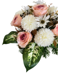 Trauergesteck aus künstliche Chrysanthemen, Rosen und Zubehör 40cm x 40cm