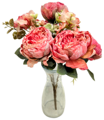 Buchet artificial de bujori, hortensie si accesorii 42cm roz, roșu