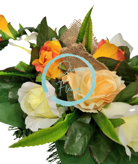 Composizione funebre in cemento con rose artificiali esclusive e accessori 55 cm x 28 cm x 16 cm AS479