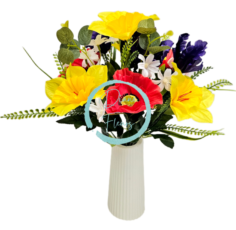 Artificial Narcissus, Iris, Poppies bouquet 42cm Yellow, Purple, Cream, Red