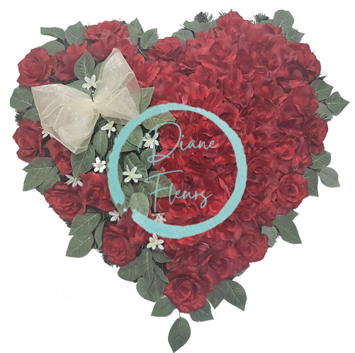 Coroana funerara „Inimă” din trandafiri & frunze de mesteacăn 60cm x 60cm rosu & verde flori artificiale
