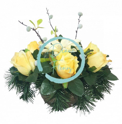 Trauergesteck aus künstliche Rosen, Weidenkätzchen, Clematis und Zubehör Ø 25cm x 17cm