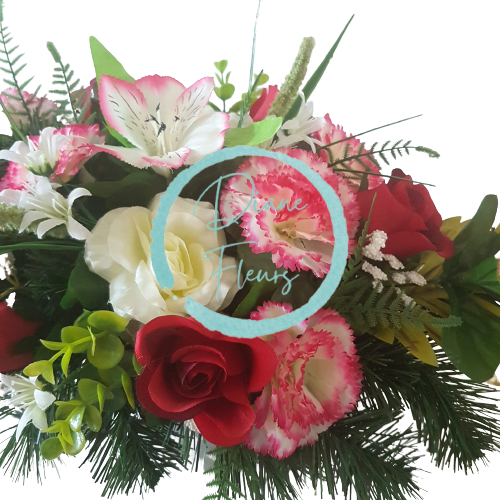 Aranjament pentru cimitir de lux de trandafiri artificiali, garoafe si accesorii 60cm x 30cm x 25cm