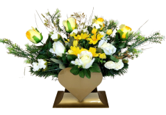A beautiful sympathy arrangement in the shape of a heart made of artificial Marguerites Daisies, Roses and Accessories 65cm x 28cm x 35cm