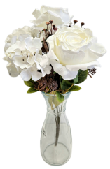 Изкуствен букет от рози, хортензии и аксесоари 44 см бял