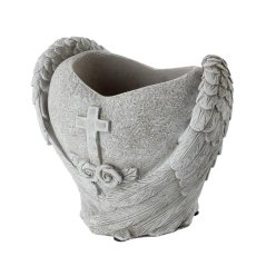 Doniczka dekoracyjna kamionkowa serce ze skrzydłami anioła o wymiarach 17cm x 11cm x 15cm