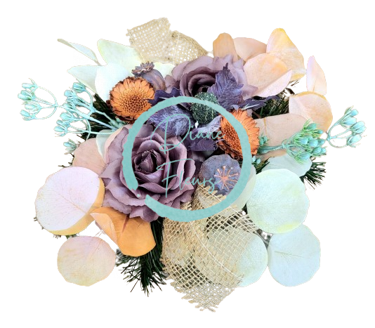 Sympathy arrangement of artificial roses, thistle and accessories 32cm x 18cm
